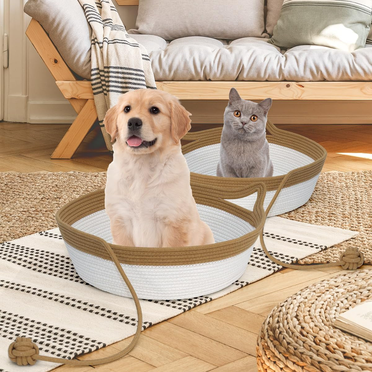 Cotton Rope Cat Bed, Foldable Sleeping Basket with Playing Rope Ball, Hand Woven Small Dogs Sofa Bed, Kitten Shaped House for Pets (Medium, Brown & Beige)