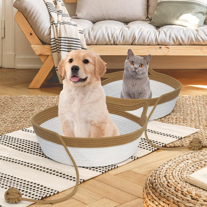 Cotton Rope Cat Bed, Foldable Sleeping Basket with Playing Rope Ball, Hand Woven Small Dogs Sofa Bed, Kitten Shaped House for Pets (Medium, Brown & Beige)