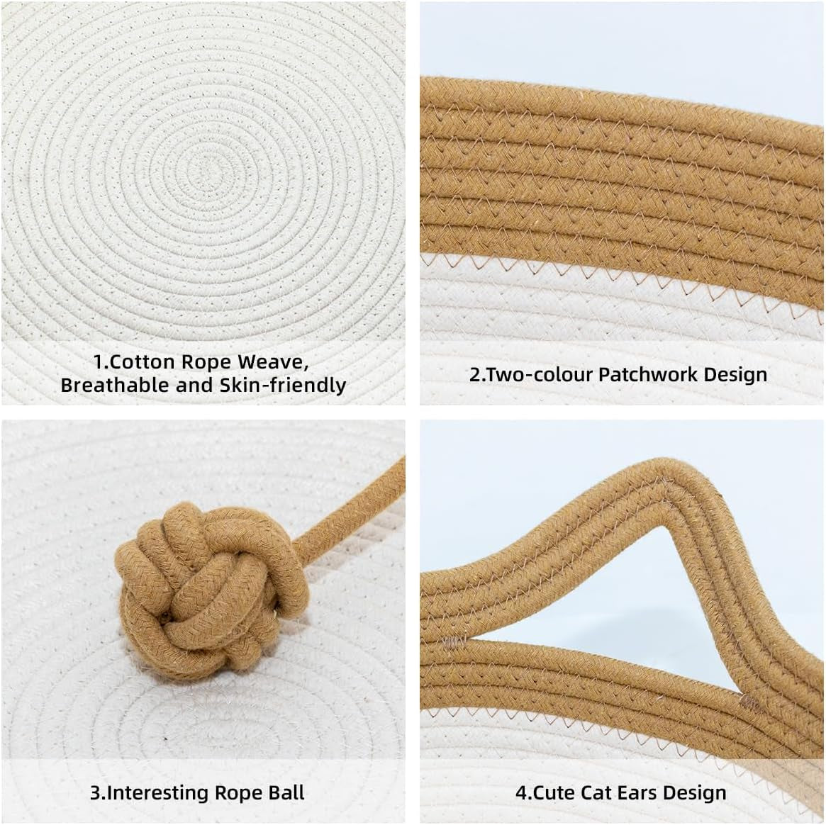 Cotton Rope Cat Bed, Foldable Sleeping Basket with Playing Rope Ball, Hand Woven Small Dogs Sofa Bed, Kitten Shaped House for Pets (Medium, Brown & Beige)
