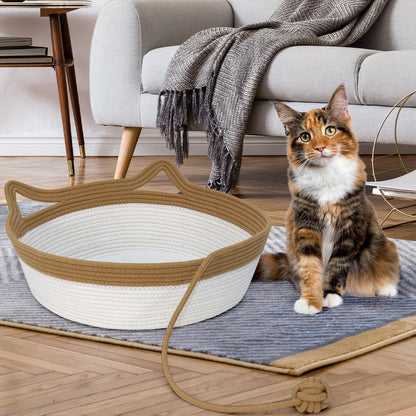 Cotton Rope Cat Bed, Foldable Sleeping Basket with Playing Rope Ball, Hand Woven Small Dogs Sofa Bed, Kitten Shaped House for Pets (Medium, Brown & Beige)