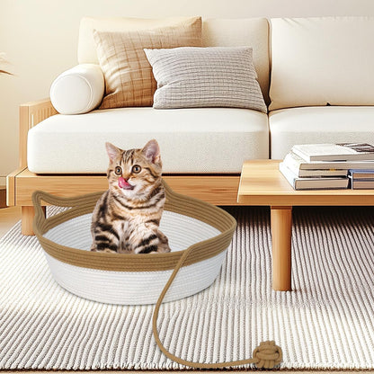 Cotton Rope Cat Bed, Foldable Sleeping Basket with Playing Rope Ball, Hand Woven Small Dogs Sofa Bed, Kitten Shaped House for Pets (Medium, Brown & Beige)