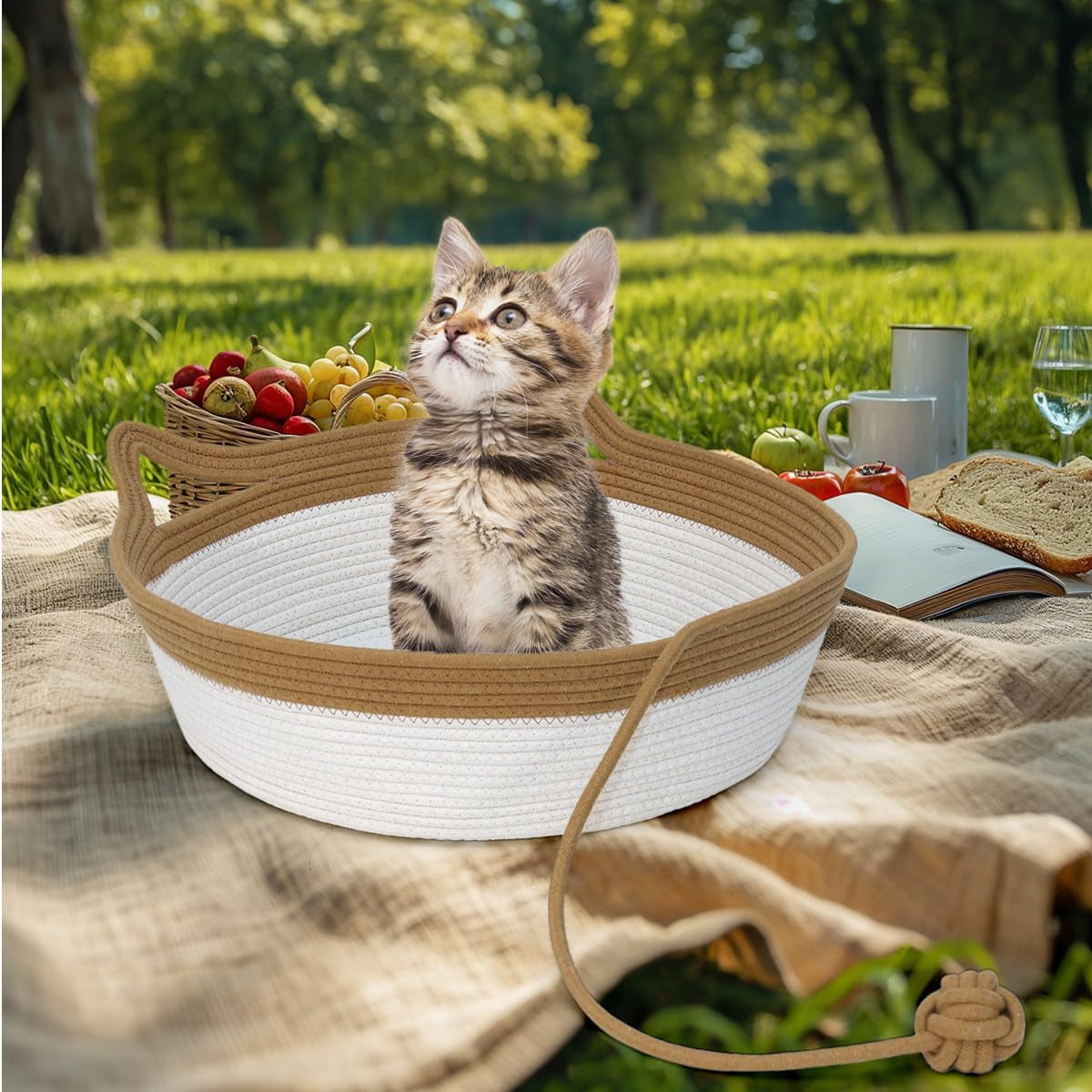 Cotton Rope Cat Bed, Foldable Sleeping Basket with Playing Rope Ball, Hand Woven Small Dogs Sofa Bed, Kitten Shaped House for Pets (Medium, Brown & Beige)