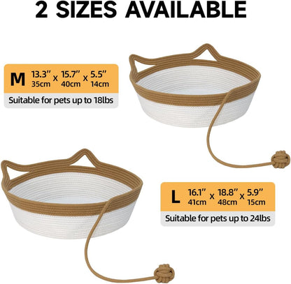 Cotton Rope Cat Bed, Foldable Sleeping Basket with Playing Rope Ball, Hand Woven Small Dogs Sofa Bed, Kitten Shaped House for Pets (Medium, Brown & Beige)