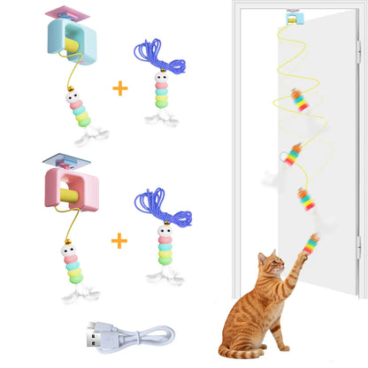 Interactive Cat Toys, Echargeable Hangingdoor Cat Toy with Replacement Toy and Elastic Rope, Automatic Electric Flying Feather Cat Toy for Chase Exercise Enrichment Stimulation, Durable Safe Hanging Toy for Bored Kittens Adult Multi Cat Households Teaser
