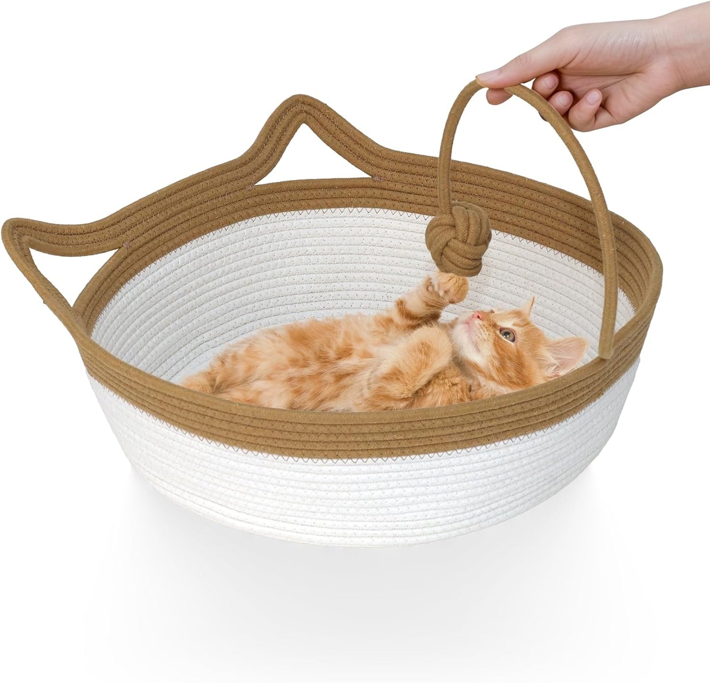 Cotton Rope Cat Bed, Foldable Sleeping Basket with Playing Rope Ball, Hand Woven Small Dogs Sofa Bed, Kitten Shaped House for Pets (Medium, Brown & Beige)