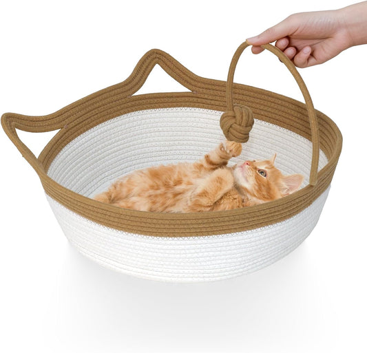 Cotton Rope Cat Bed, Foldable Sleeping Basket with Playing Rope Ball, Hand Woven Small Dogs Sofa Bed, Kitten Shaped House for Pets (Medium, Brown & Beige)